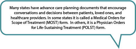 Advance care planning forms can be a MOST, POST, POLST or MOLST form.